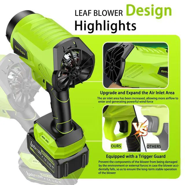 Alt view image 7 of 7 - Leaf Blower Cordless with Battery and Charger 1000,000 RPM Handheld Lightweight Patio Cleaning Blower Set Extended Nozzle Design Blowing Leaves and Dust Car Dryer (Green)