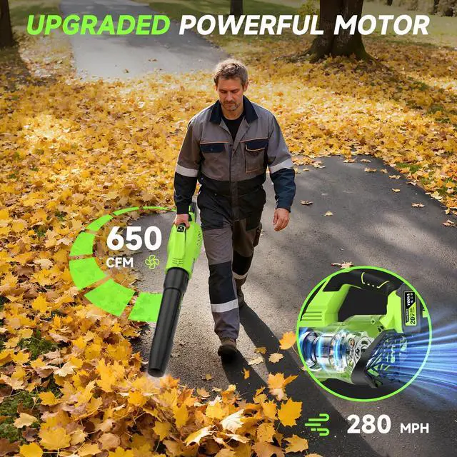 Alt view image 2 of 7 - Leaf Blower Cordless, 650CFM Electric Leaf Blowers with 2 x 5.2Ah Batteries and Charger, 3 Speed Modes, 1 x Adjustable Shoulder Strap, Powerful Snow Blowers for Lawn Care, Patio, Dust, Blowing Leaves