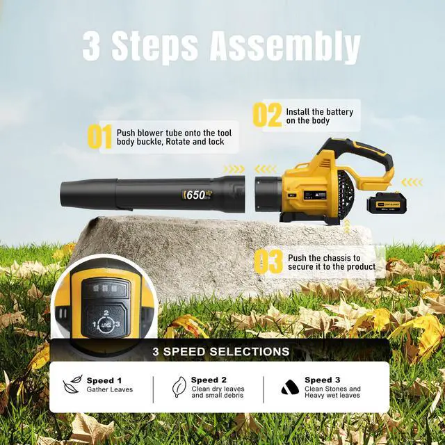 Alt view image 6 of 7 - Leaf Blower Cordless, 650CFM & 3 Speed Levels, 1200W Electric Cordless Leaf Blower with 2 x 5.0Ah Batteries & Fast Charger, Blowers for Lawn Care, Yard, Blowing Leaves, Dust, Snow