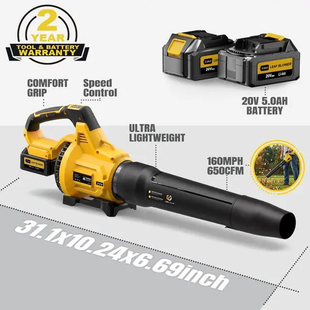 Alt view image 7 of 7 - Leaf Blower Cordless, 650CFM & 3 Speed Levels, 1200W Electric Cordless Leaf Blower with 2 x 5.0Ah Batteries & Fast Charger, Blowers for Lawn Care, Yard, Blowing Leaves, Dust, Snow