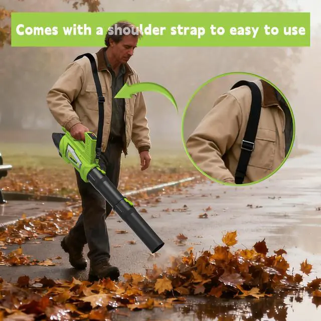 Alt view image 5 of 7 - Leaf Blower Cordless Brushless with 6Ah Battery*2 and Charger, Strap, 21V Quiet 6-Speed Electric Leaf Blower with Display for Lawn Care, Leaves & Snow(Green)