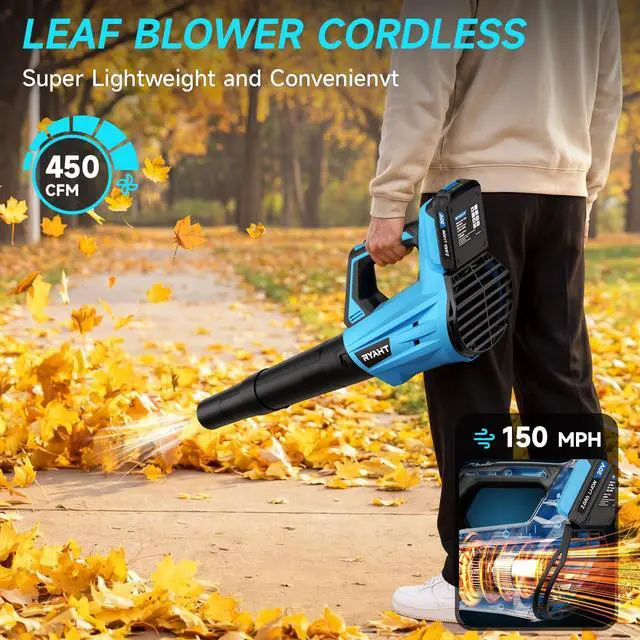 Alt view image 2 of 7 - Leaf Blower Cordless, Leaf Blower with Battery and Charger - 2 Speed Modes, 2 Batteries, 20V Powerful Lightweight Electric Blowers for Blowing Leaves, Lawn Care, Patio Cleaning and Dust, Blue