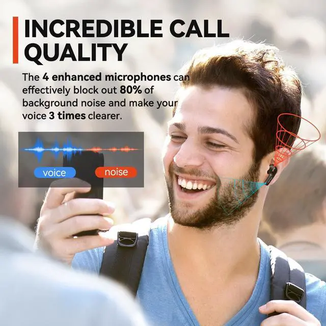 Alt view image 3 of 7 - Air True Wireless Earbuds, Bluetooth Earbuds with 4 Mics Clear Call | IPX7 Waterproof, Game Mode, Deep Bass, Wireless Charging, USB-C Fast Charge, 35H Playtime, Black