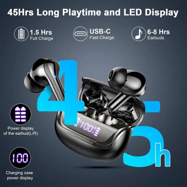 Alt view image 4 of 7 - 2026 Wireless Earbuds, Bluetooth 5.4 Headphones HiFi Stereo, 50H Playtime In-Ear Headphones with ENC Noise Cancelling Mics, IP7 Waterproof Wireless Headphones, Earbuds with LED Display for Android/iOS
