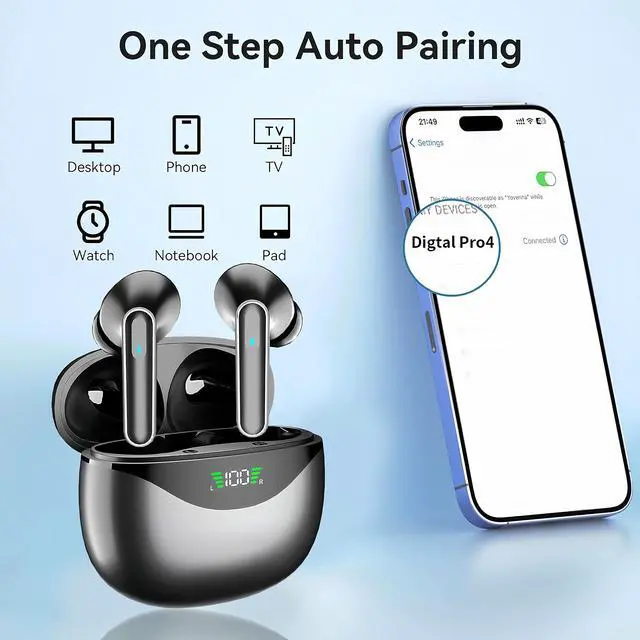 Alt view image 7 of 7 - Wireless Earbuds, Bluetooth 5.4, Hi-Fi Stereo Sound, Long Battery Life, Hands-Free Calling, Dual LED Display, USB-C Fast Charging, Compatible with Android/iOS. (Black)