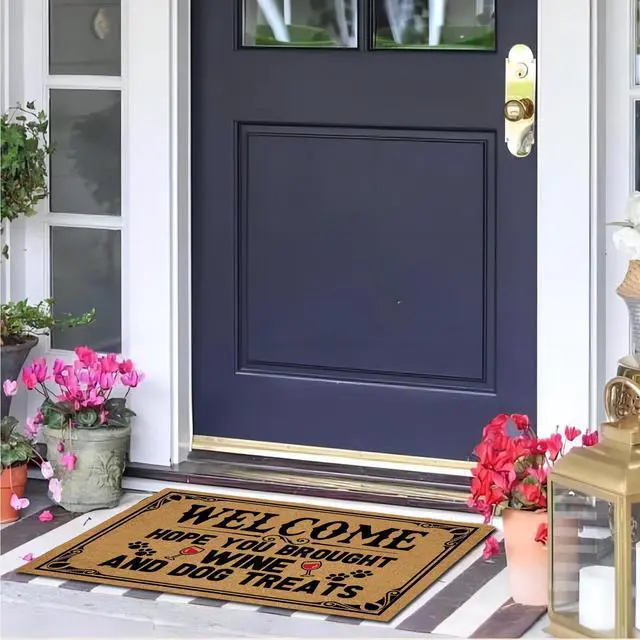 Alt view image 3 of 7 - Outdoor Doormats for Entrance Way Outdoors, Hope You Brought Wine & Dog Treats Funny Indoor Welcome Mats for Front Door 30" X 18" Size, Personalized Holiday Door Mats Outside