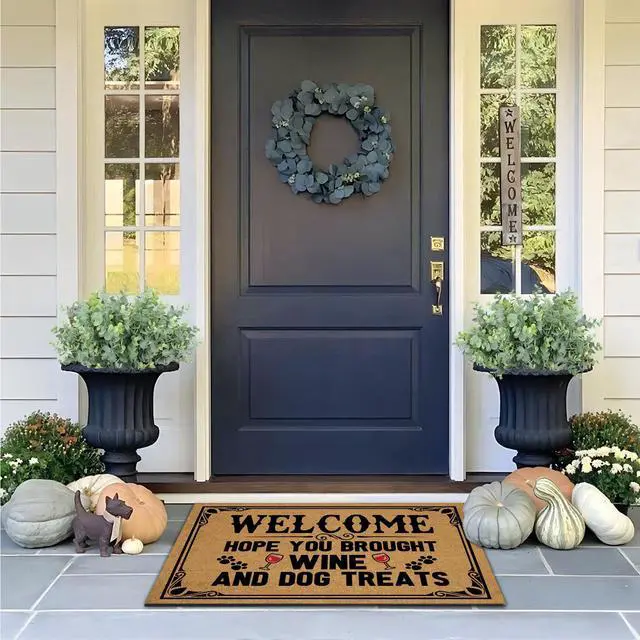 Alt view image 2 of 7 - Outdoor Doormats for Entrance Way Outdoors, Hope You Brought Wine & Dog Treats Funny Indoor Welcome Mats for Front Door 30" X 18" Size, Personalized Holiday Door Mats Outside