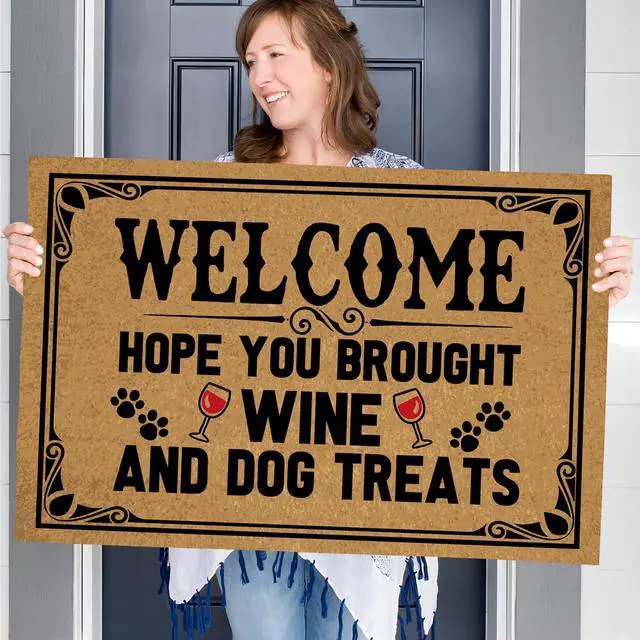 Alt view image 5 of 7 - Outdoor Doormats for Entrance Way Outdoors, Hope You Brought Wine & Dog Treats Funny Indoor Welcome Mats for Front Door 30" X 18" Size, Personalized Holiday Door Mats Outside