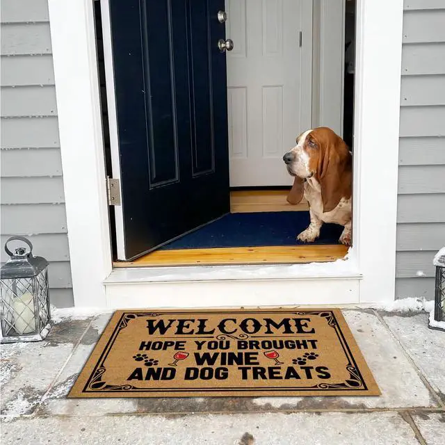 Alt view image 4 of 7 - Outdoor Doormats for Entrance Way Outdoors, Hope You Brought Wine & Dog Treats Funny Indoor Welcome Mats for Front Door 30" X 18" Size, Personalized Holiday Door Mats Outside