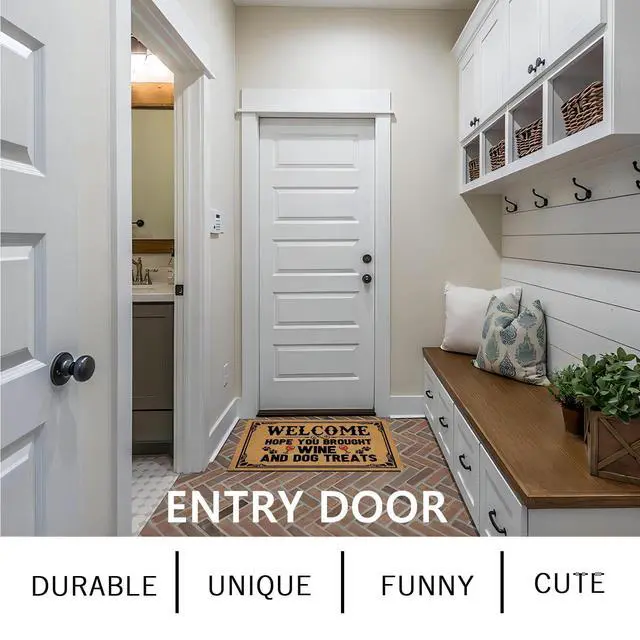 Alt view image 6 of 7 - Outdoor Doormats for Entrance Way Outdoors, Hope You Brought Wine & Dog Treats Funny Indoor Welcome Mats for Front Door 30" X 18" Size, Personalized Holiday Door Mats Outside