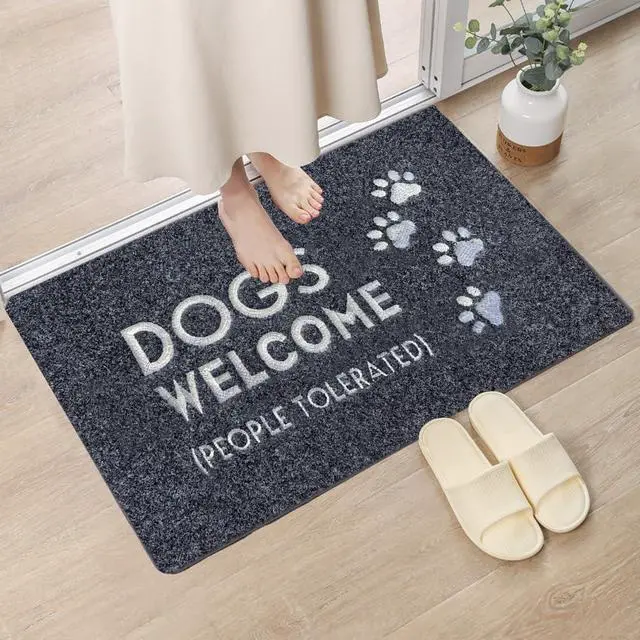 Alt view image 3 of 7 - Dogs Welcome Outdoor Door mat,Dogs Welcome People Tolerated Funny Doormat,Black Embroidered Mat Entrance Rubber Rugs Indoor Outdoor Home Decora Easy to Clean 30x18