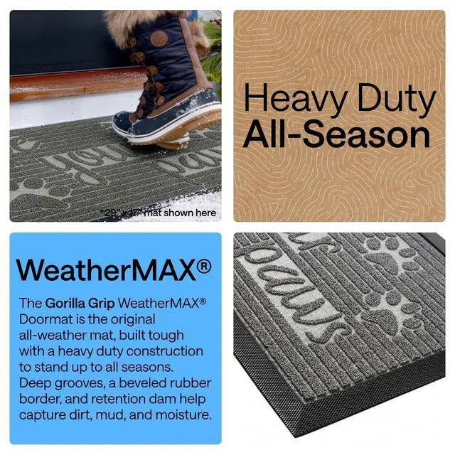 Alt view image 3 of 7 - 100% Waterproof All-Season WeatherMAX Doormat US Designed Natural Rubber, Stain and Fade Resistant, Low Profile Indoor Outdoor Door Mats, Easy Clean Patio Mat, 29x17, Stone Paws