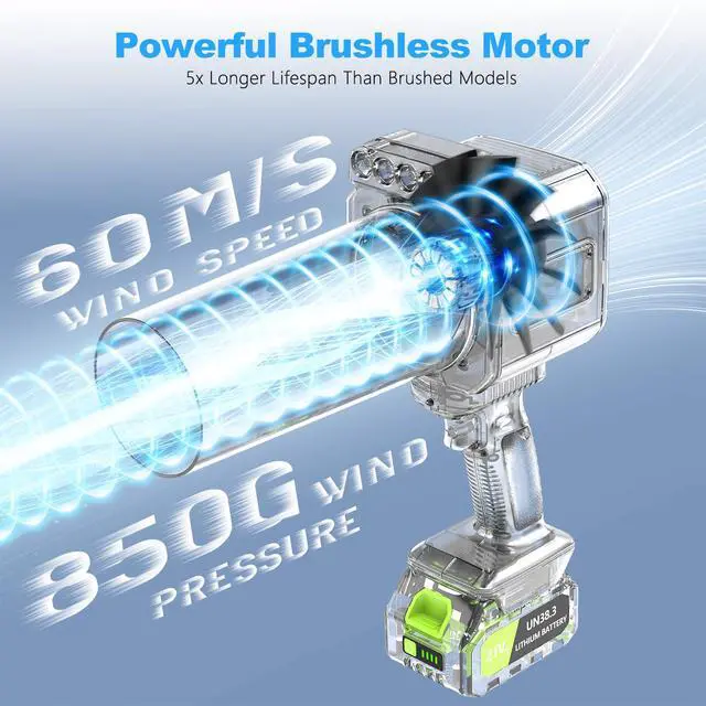 Alt view image 2 of 6 - Brushless Cordless Leaf Blower - 900G Blowing Pressure Turbo Jet Blower with 2x3000mAh Batteries & 480W Motor, Handheld Leaf Blowers for Lawn Care, Car & Workshop Dust, LED Work Light