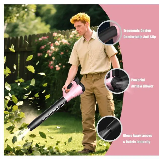 Alt view image 2 of 7 - Leaf Blower, Cordless Leaf Blower with 2 X 5.0Ah Battery and Charger, 6 Speed Mode Electric Leaf Blowers Cordless for Blowing Leaves, Blowers for Yard Garden Lawn Care and Dust, Gift for Men(Pink)
