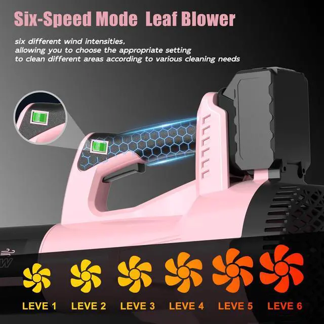 Alt view image 5 of 7 - Leaf Blower, Cordless Leaf Blower with 2 X 5.0Ah Battery and Charger, 6 Speed Mode Electric Leaf Blowers Cordless for Blowing Leaves, Blowers for Yard Garden Lawn Care and Dust, Gift for Men(Pink)