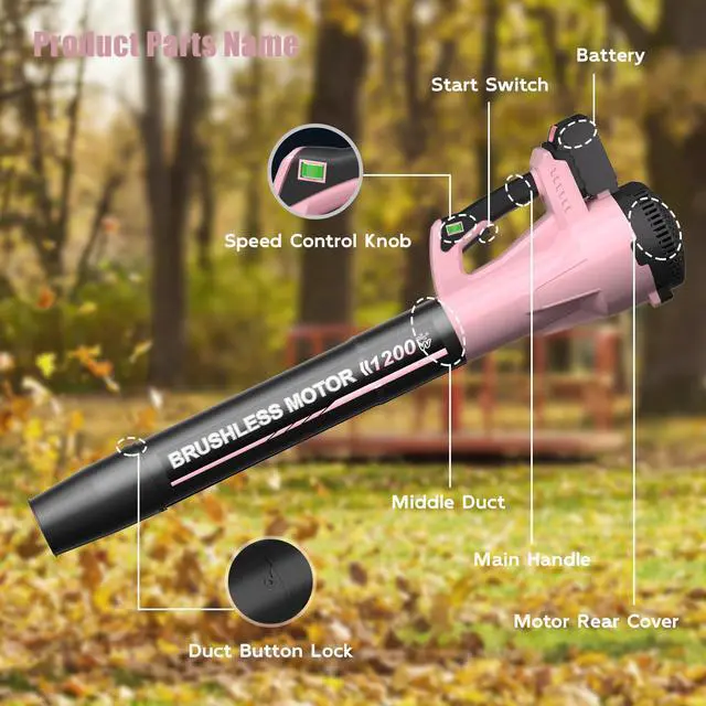 Alt view image 7 of 7 - Leaf Blower, Cordless Leaf Blower with 2 X 5.0Ah Battery and Charger, 6 Speed Mode Electric Leaf Blowers Cordless for Blowing Leaves, Blowers for Yard Garden Lawn Care and Dust, Gift for Men(Pink)