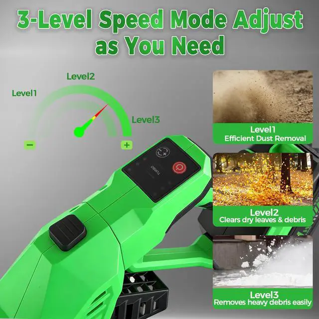 Alt view image 6 of 7 - Leaf Blower Cordless with 2 Batteries and Charger, 750CFM 260MPH, Electric Leaf Blower with 3 Speeds Mode, 21V Handheld Blower for Cleaning, Dust, Snow, Lawn Clean, Patio, Blowing Leaves