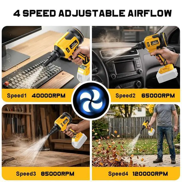 Alt view image 6 of 7 - Upgraded Cordless Air Duster Blower Compatible with DeWalt 20V Battery, 4-in-1 Handheld Leaf Blower, 120,000 RPM Brushless Motor, 4 Speeds / 500 MPH/40 CFM for Keyboard, Computer Cleaning(Tool Only)