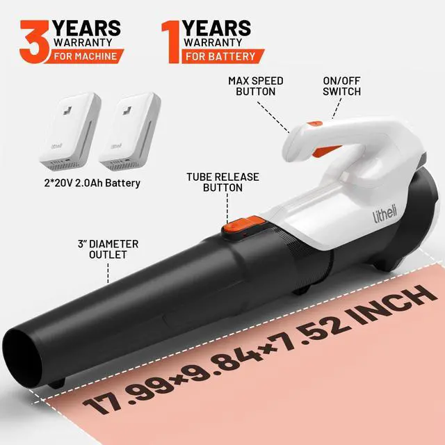Alt view image 6 of 7 - 20V Cordless Leaf Blower, Dual 2×2.0Ah Batteries Included, 350CFM/85MPH, 2-Speed Lightweight Handheld Electric Blower for Lawn, Patio, Dust & Leaves