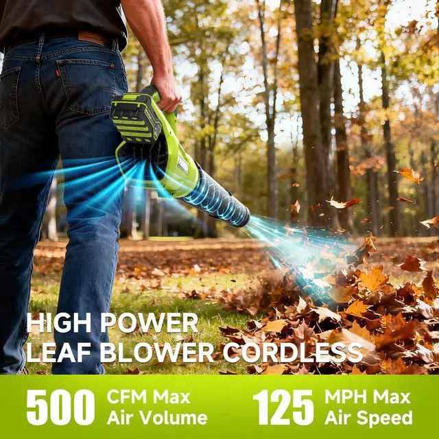 Alt view image 2 of 7 - Leaf Blower Cordless, 500CFM/ 125MPH Lightweight Cordless Blower with 2X 4.0 Batteries and Fast Charger, Variable Speed Battery Leaf Blowers for Lawn Care, Leaves, Grass, Patio, Yard