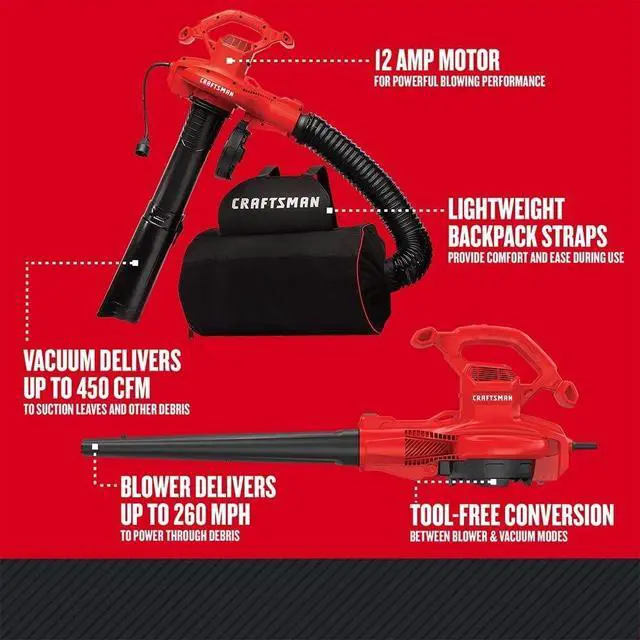 Alt view image 3 of 7 - 3-in-1 Leaf Blower, Vacuum and Mulcher, Backpack Blower Up to 260 MPH, 12 Amp, Corded Electric Leaf Collector (CMEBL7000)
