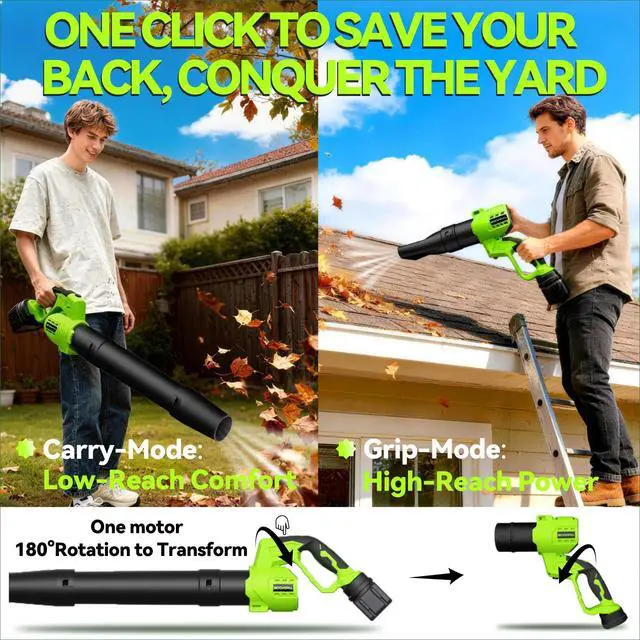 Alt view image 2 of 7 - Leaf Blower Cordless with Battery and Charger, Cordless Leaf Blower with Rotatable Body, 2-Pack 20V Batteries, 6-Speed, Shoulder Strap; Handheld Blower for Lawn Care, Car, Patio, Dust