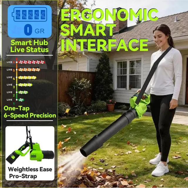Alt view image 4 of 7 - Leaf Blower Cordless with Battery and Charger, Cordless Leaf Blower with Rotatable Body, 2-Pack 20V Batteries, 6-Speed, Shoulder Strap; Handheld Blower for Lawn Care, Car, Patio, Dust