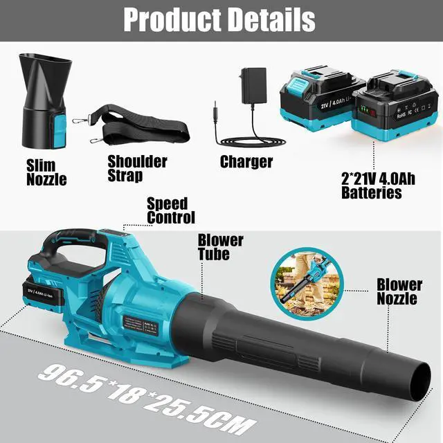 Alt view image 6 of 7 - Leaf Blower Cordless 21V, Battery Leaf Blower with 2 x 4.0Ah Batteries and Charger, 3 Speed Modes, Handheld Cordless Blower for Lawn Care, Blowing Leaves, Small Gravel, Blue