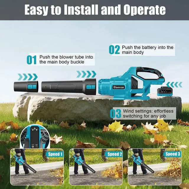 Alt view image 3 of 7 - Leaf Blower Cordless 21V, Battery Leaf Blower with 2 x 4.0Ah Batteries and Charger, 3 Speed Modes, Handheld Cordless Blower for Lawn Care, Blowing Leaves, Small Gravel, Blue