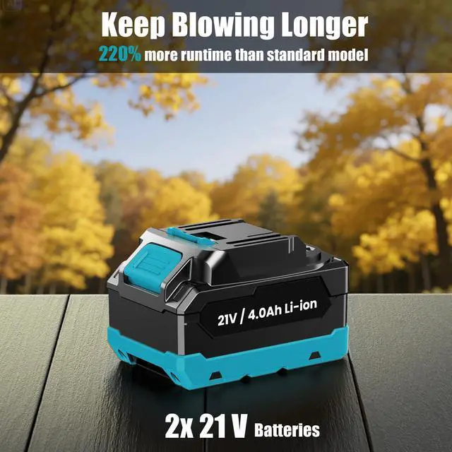 Alt view image 7 of 7 - Leaf Blower Cordless 21V, Battery Leaf Blower with 2 x 4.0Ah Batteries and Charger, 3 Speed Modes, Handheld Cordless Blower for Lawn Care, Blowing Leaves, Small Gravel, Blue