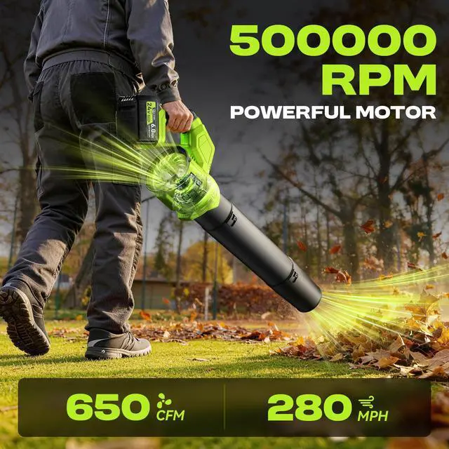 Alt view image 2 of 7 - 2-in-1 Leaf Blower Cordless, 650 CFM 4 Speed Mode, 2 ×6.0Ah Batteries & Charger, 200MPH Handheld Leaf Blowers for Lawn Care, Portable Lightweight Electric Leaf Blower for Yard, Patio