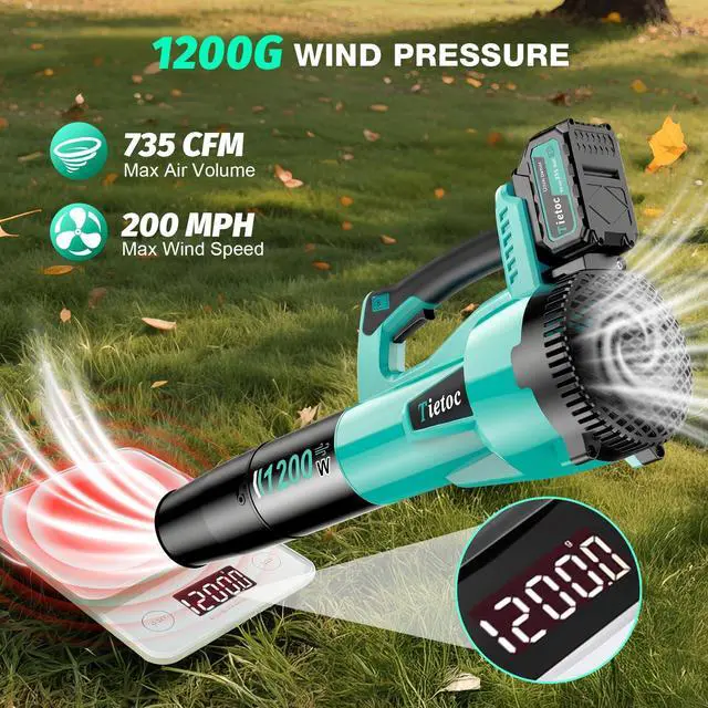 Alt view image 3 of 7 - Leaf Blower Cordless,1200W Brushless Electric Leaf Blowers w/ 2x5.0Ah Battery Fast Charger, 6 Speed Powerful Blowers for Garden Lawn Care Patio Blowing Leaves Dust Snow Gift for Men Turquoise