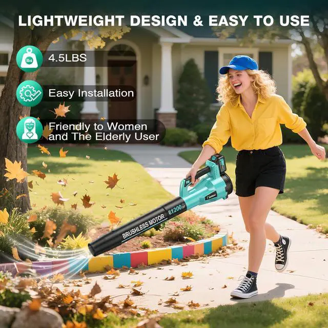 Alt view image 7 of 7 - Leaf Blower Cordless,1200W Brushless Electric Leaf Blowers w/ 2x5.0Ah Battery Fast Charger, 6 Speed Powerful Blowers for Garden Lawn Care Patio Blowing Leaves Dust Snow Gift for Men Turquoise