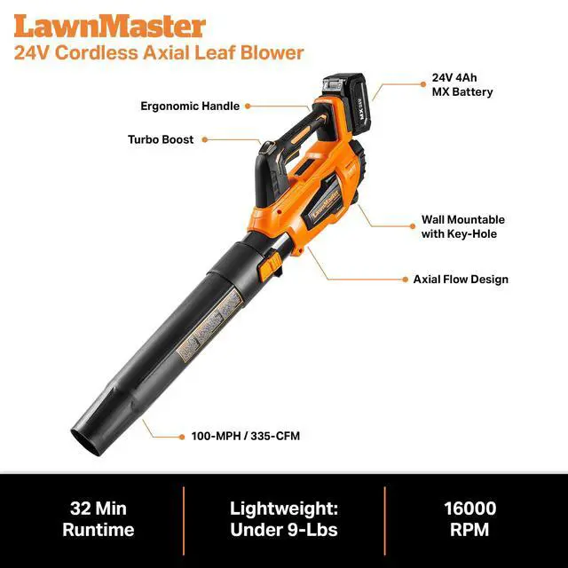 Alt view image 4 of 6 - Leaf Blower Cordless, LawnMaster Leaf Blower 24V Max with 4.0Ah Battery and a Charger-CLBL2417A