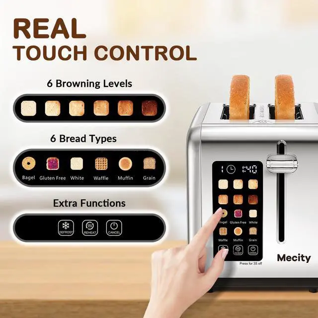 Alt view image 2 of 7 - 2 Slice Toaster Touch Screen 1.5" Wide Slot, Stainless Steel Smart Bread Toaster for Bagel Muffin Waffle Gluten Free Breads, Timer, Defrost, Reheat, 120V 825W
