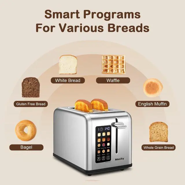 Alt view image 3 of 7 - 2 Slice Toaster Touch Screen 1.5" Wide Slot, Stainless Steel Smart Bread Toaster for Bagel Muffin Waffle Gluten Free Breads, Timer, Defrost, Reheat, 120V 825W