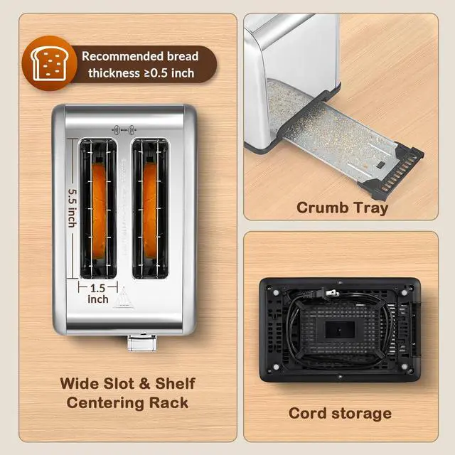Alt view image 4 of 7 - 2 Slice Toaster Touch Screen 1.5" Wide Slot, Stainless Steel Smart Bread Toaster for Bagel Muffin Waffle Gluten Free Breads, Timer, Defrost, Reheat, 120V 825W