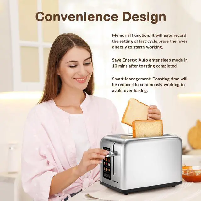Alt view image 5 of 7 - 2 Slice Toaster Touch Screen 1.5" Wide Slot, Stainless Steel Smart Bread Toaster for Bagel Muffin Waffle Gluten Free Breads, Timer, Defrost, Reheat, 120V 825W