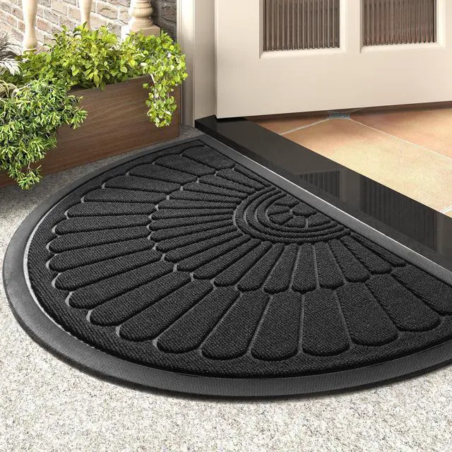 Main image of Door Mat Outdoor Indoor Entrance Doormat-Semicircular Durable Rubber Non Slip Front Door Mat for Outside Inside Entry Entryway Dirt Trapper WelcomeMat for Muddy Paws and Shoes-Black 17x30