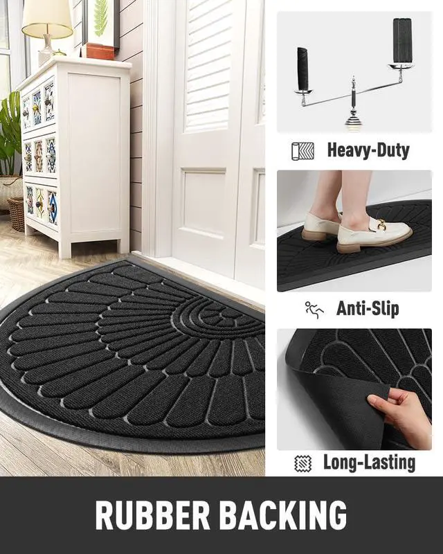 Alt view image 3 of 7 - Door Mat Outdoor Indoor Entrance Doormat-Semicircular Durable Rubber Non Slip Front Door Mat for Outside Inside Entry Entryway Dirt Trapper WelcomeMat for Muddy Paws and Shoes-Black 17x30