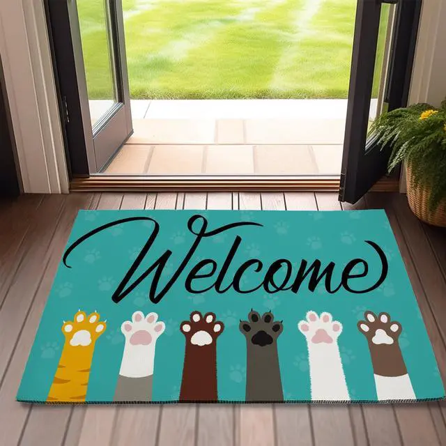 Main image of Welcome Cat Dog Paws Welcome Door Mat,Cute Cartoon Doormat for Outside Entrance Home Decor,Non-Slip Carpet Rugs with Felt Entryway Mat for Patio Indoor Front 17" x 30"