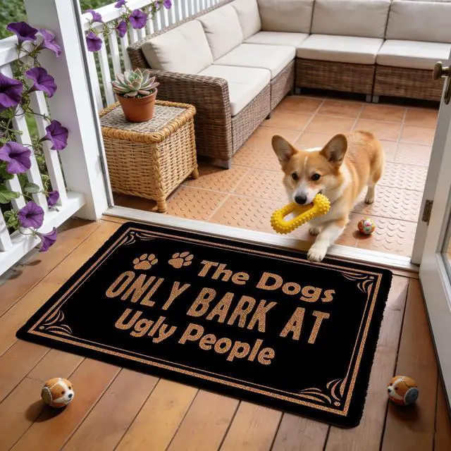 Alt view image 3 of 7 - Funny Dog Welcome Mat Novelty Gift The Dogs Only Bark At Ugly People Non-Slip, Personalized Home Decor Mats, Suitable for Entrances and Decorative Farmhouse Styles 17x30 Inches