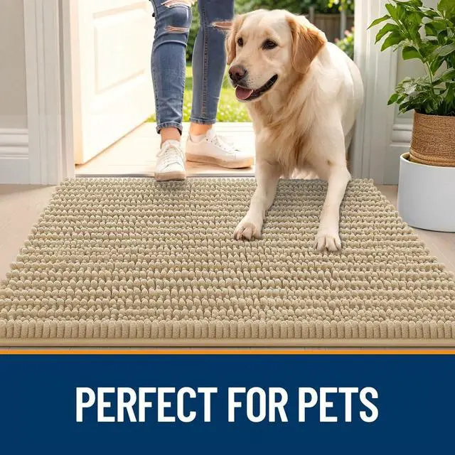 Alt view image 6 of 7 - Dog Door Mat for Muddy Paws 47x24, Ultra Absorbent Chenille Mud Doormat, Non-Slip Washable and Dirt Trapping Indoor Doormat for Entryway, Quick-Dry Indoor Pet Mat for Dogs, Beige