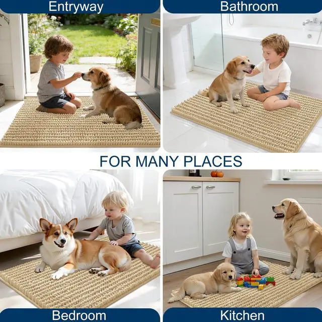 Alt view image 7 of 7 - Dog Door Mat for Muddy Paws 47x24, Ultra Absorbent Chenille Mud Doormat, Non-Slip Washable and Dirt Trapping Indoor Doormat for Entryway, Quick-Dry Indoor Pet Mat for Dogs, Beige