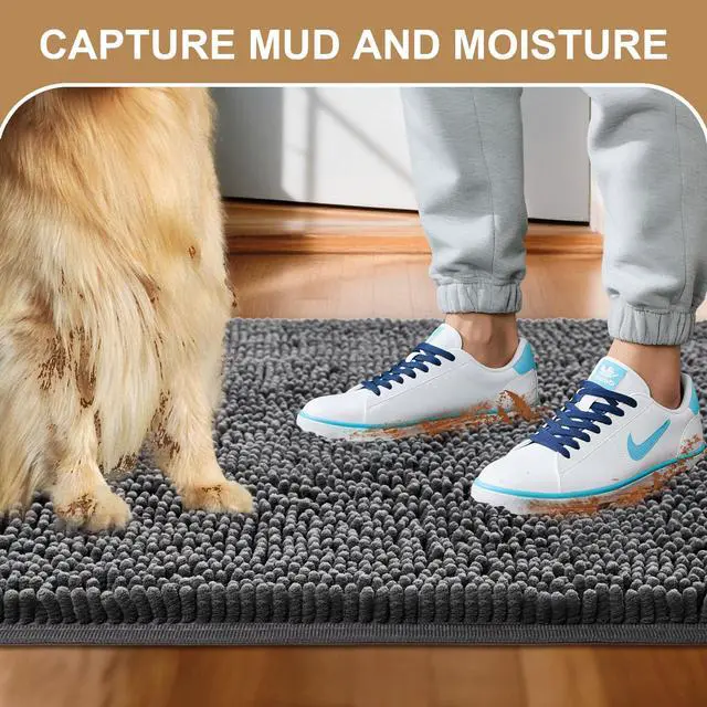 Alt view image 2 of 7 - Absorbent Dog Door Mat for Muddy Paws, 60" x 30" Non Slip Washable Door Mat Indoor Entrance, Quick Dry Chenille Pet Entry Rugs for Entryway Indoor, Grey