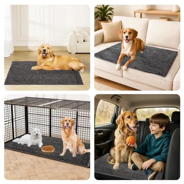 Alt view image 6 of 7 - Absorbent Dog Door Mat for Muddy Paws, 60" x 30" Non Slip Washable Door Mat Indoor Entrance, Quick Dry Chenille Pet Entry Rugs for Entryway Indoor, Grey