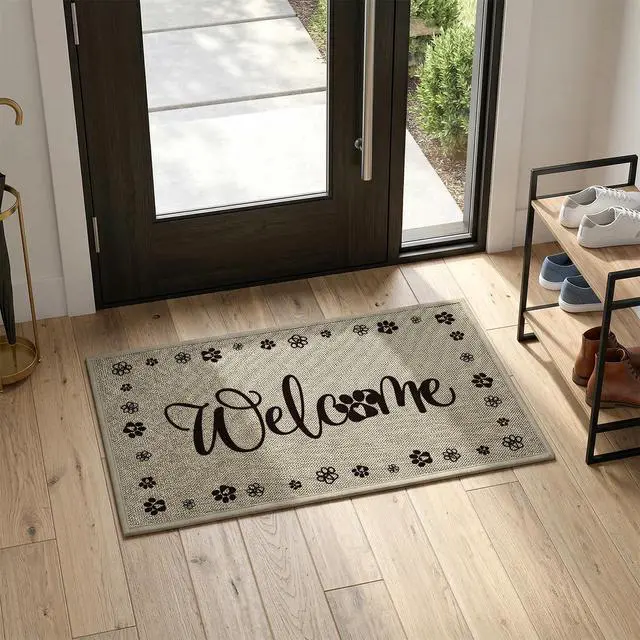 Alt view image 2 of 7 - Welcome Dogs Print Washable Doormat, Seasonal Decor Non Slip Low-Profile Absorbent Natural Rubber Back Door Mat 17x29 Inch