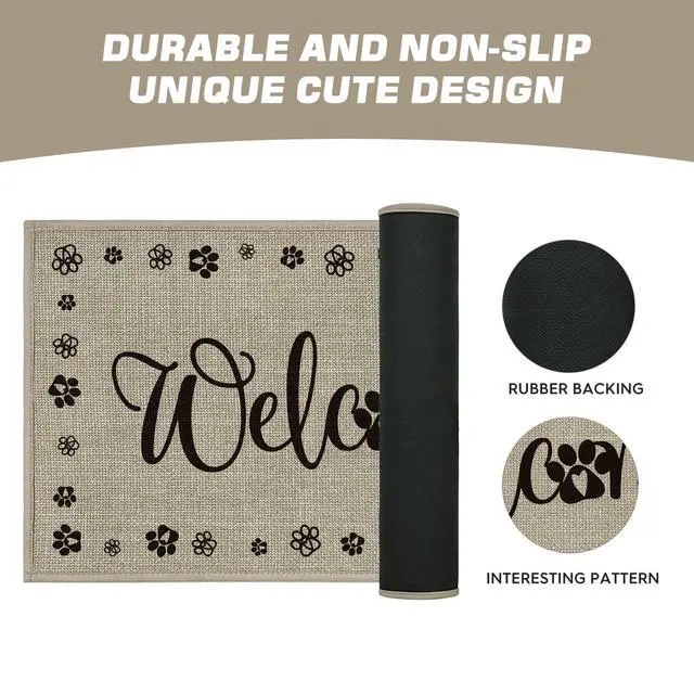 Alt view image 6 of 7 - Welcome Dogs Print Washable Doormat, Seasonal Decor Non Slip Low-Profile Absorbent Natural Rubber Back Door Mat 17x29 Inch
