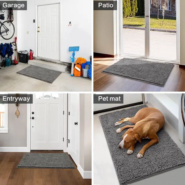 Alt view image 6 of 7 - Dog Door Mat for Muddy Paws 30x20, Absorbs Moisture and Dirt, Non-Slip Washable Doormat, Soft Chenille Mud Mat for Dogs, Entry Indoor Entryway Carpet for Outside Floor, Grey