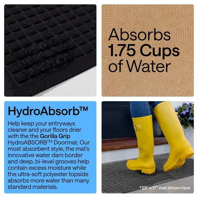 Alt view image 3 of 7 - Ultra Absorbent Front Door Mat Outside Entrance, Traps Dirt and Moisture, HydroABSORB Indoor Outdoor Doormat Holds Up to 1.7 Cups Water, Stain and Fade Resistant Welcome Mat, 29x17 Black